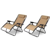 Zimtown 2PCS Outdoor Zero Gravity Folding Lounge Chair for Beach Patio Pool Yard Khaki