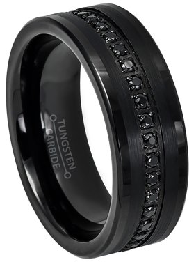 Black Tungsten Wedding Ring - Band for Mens 8mm Tungsten Eternity Ring Black CZ Accented - Comfort Fit Pipe Cut Tungsten Carbide Ring TN775s7