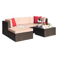 Walnew 5 Pieces Patio Sectional Set PE Rattan Outdoor All-Weather Wicker Conversation Set with Table, Beige 83"L x 55"W X 25"H
