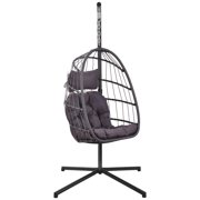 Hanging Egg Chair with Comfortable Seat and Back Cushion, Wicker Hammock Egg Chair w/Stand, Durable All-Weather UV Rattan Lounge Chair for Bedroom, Patio, Deck, Yard, Garden, 350lbs, Dark Grey, S420