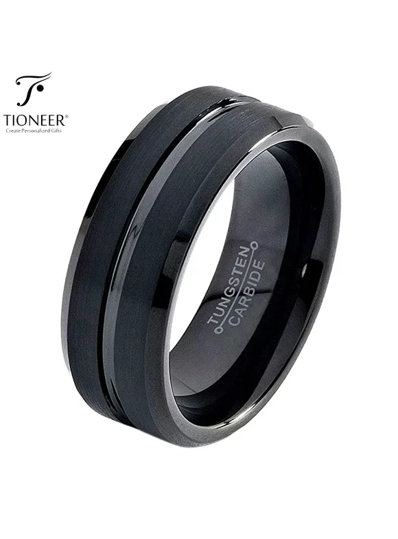 Tungsten Carbide 8 mm Black Band with Groove Center Wedding Band Ring Mens Womens 8MM w/ FREE Engraving