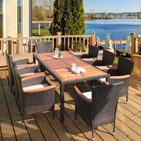 9PCS Patio Rattan Dining Set 8 Chairs Cushioned Acacia Table Top
