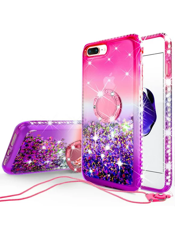 Apple iPhone 7 Plus/iPhone 8 Plus Case Girls Women Bling Liquid Glitter Phone Case Ring Kickstand Shock Proof Floating Quicksand Protective Cover for iPhone 8/7 Plus - Pink Gradient