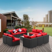Ainfox 11 Pieces Outdoor Patio Furniture Sofa Set on Clearance All-Weather Black PE Wicker Sectional Lawn Rattan Couch Conversation Chair Set with Red Thickened Cushions,Glass Table