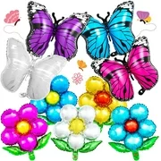 9 Pieces Flower Butterfly Foil Balloons, Colorful Fairy Balloon Aluminum Foil Party Decorations for Baby Shower Birthday Party Wedding