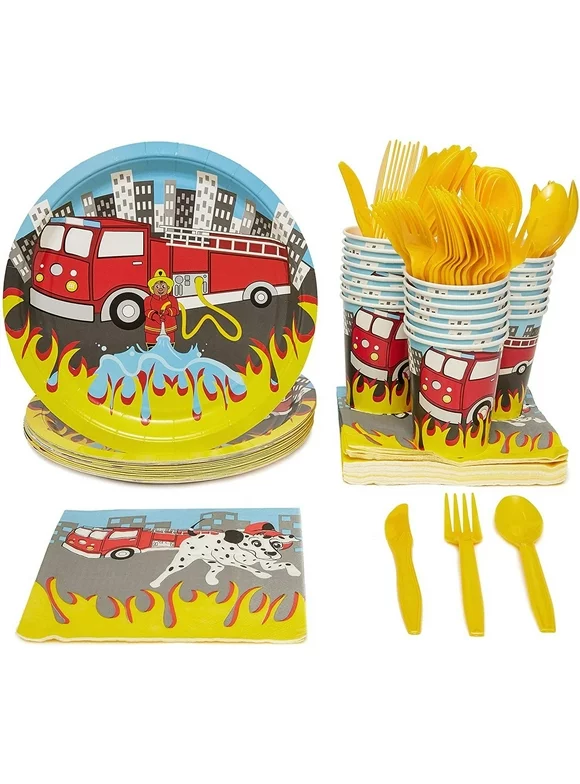 Serves 24 Fire Truck Party Supplies, 144pcs Fire Engine & Firefighter Disposable Paper Plates, Napkins, Cups and Cutlery Set for Birthday & Baby Shower Party Decorations