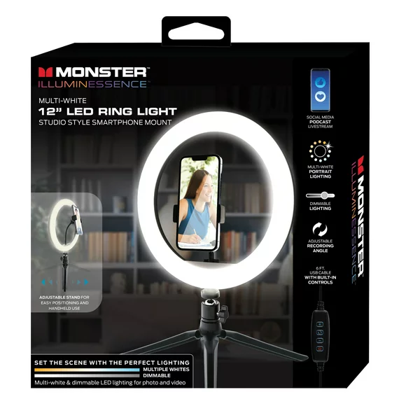 Monster LED 12 inch Multi White LED Ring Light Clip-on Phone Mount, For Live Videos
