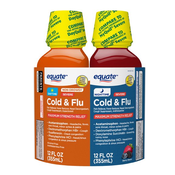 Equate Daytime and Nighttime Cold and Flu Relief Liquid Combo Pack, 12 fl oz Bottles