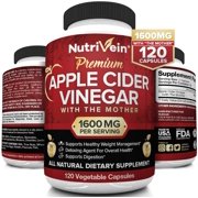 Nutrivein Apple Cider Vinegar Capsules with Mother 1600mg - 120 Vegan Pills - Supports Healthy Weight Loss, Diet, Detox, Digestion, Keto, Cleanser - Blood Sugar & Immune System - ACV Raw Supplement