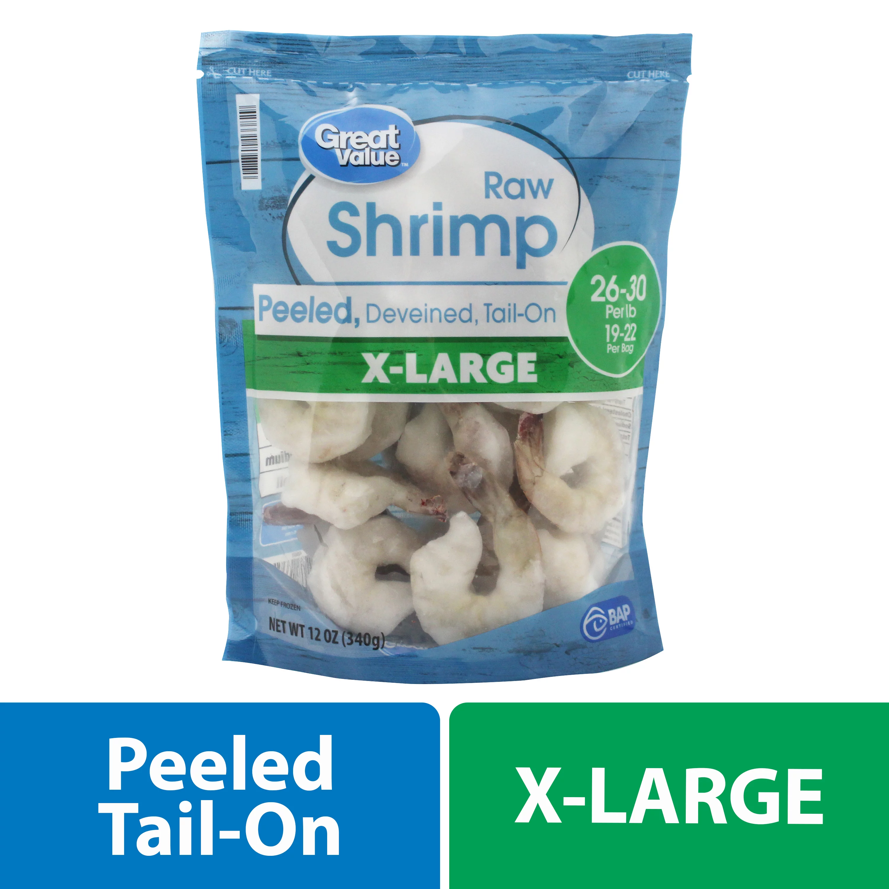 Great Value Frozen Peeled Tail on Extra Large Shrimp, 12 oz (26-30 Count per lb)