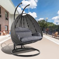 LeisureMod Outdoor Modern Wicker Hanging Double Egg Swing Chair in Charcoal Blue