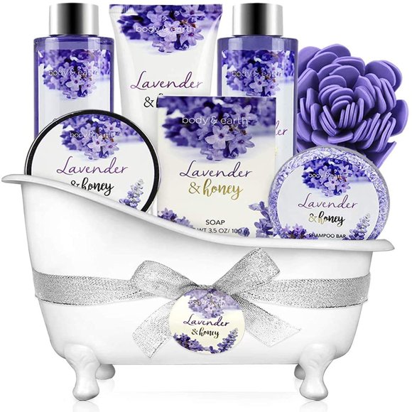 Bath Gift Sets for Women, 8 Pcs Lavender and Honey Scent Body Spa Baskets, Beauty Holiday Mother's Day Gifts
