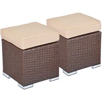 2 Pieces Outdoor Patio Ottoman, All Weather Brown Wicker Ottoman Outdoor Footstool Footrest with Beige Cushion