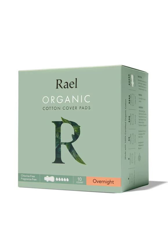 Rael Organic Cotton Cover Menstrual Overnight Pads - Unscented, Chlorine Free, Natural Sanitary Napkins with Wings, 10 Count