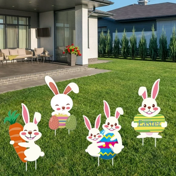 4 Pcs Easter Yard Signs Outdoor Lawn Decorations Happy Easter Yard Signs with Stakes - Funny Bunny Eggs Hunt Basket and Eggs Corrugated Yard Signs Decor