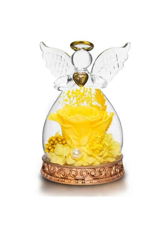 Mom Grandma Gifts on Mother's Day, Preserved Real Rose in Angel Glass Dome with LED Lights Angel Gifts for Thanksgiving Birthday Anniversary Wedding Valentine's Day (Yellow)