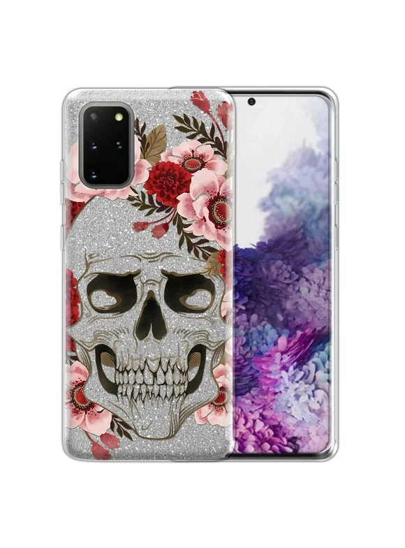 FINCIBO Silver Glitter Case, Sparkle Bling TPU Cover for Samsung Galaxy S20+ Plus 6.7" 2020 (NOT FIT Samsung Galaxy S20 6.2" 2020/S20 Ultra 6.9" 2020/Galaxy S20 FE 6.5" 2020), Red Pink Skull Flowers