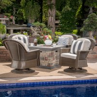 Alameda Outdoor 5 Piece Wicker Swivel Club Chairs with Gas Burning Fire Pit, Brown, Ceramic Grey and Stone Finish