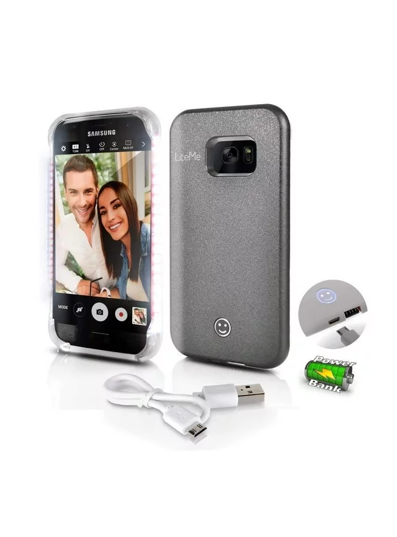 Updated 2018 Galaxy S7 Selfie Light Case - LED Brightness Adjustable - Protective Smartphone Cover - USB Charge Port Includes Charging Cable - Mini LED Strobe Light - Doubles As a Flashlight Gray