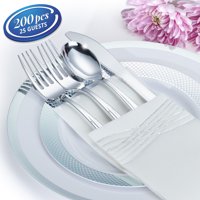 BY MADEE NEW HEAVYWEIGHT PREMIUM 200 PC SILVER PLASTIC DINNERWARE SET: Fancy Plastic Plates Cutlery Cups Napkins | Disposable Dinnerware Set | Disposable Wedding Dinnerware for 25 Guests