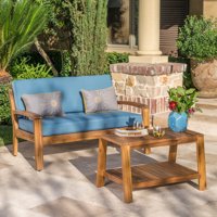 Wilcox Outdoor Acacia Wood Loveseat and Coffee Table Set with Cushions, Teak, Blue