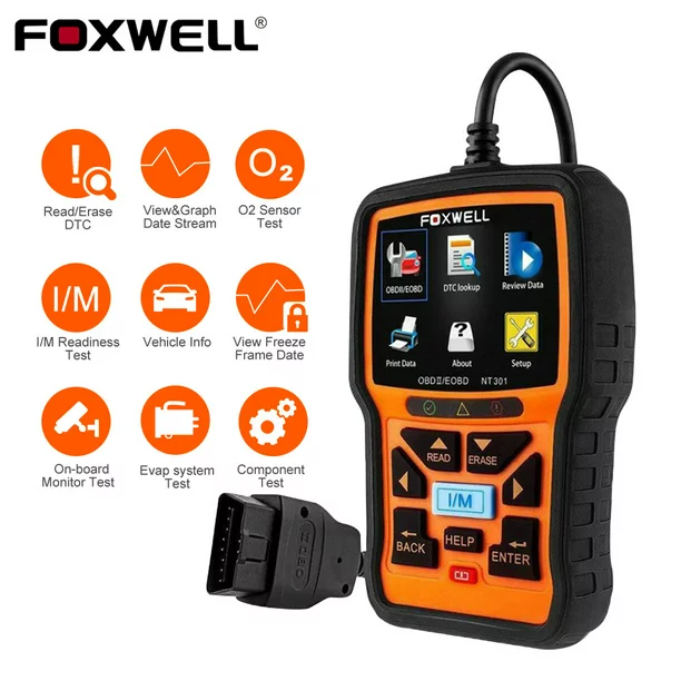 Foxwell NT301 OBD2 Scanner Check Engine Light Read Clear Error Code Reader OBDII Auto Diagnostic Scan Tools Freeze Frame O2 Sensor Monitor Live Data On-board Monitor Test