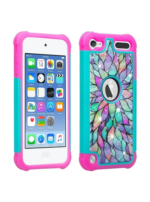 Apple iPod Touch 6th, 5th Generation Case - Wydan Hybrid Studded Diamond Rhinestone Case Shock Resistant Cover Teal Flower