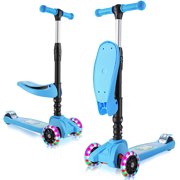Kids 3 LED Flashing Wheels Kick Scooter Children Walkers 3-in-1 Toddler Scooters with Adjustable Handle T-Bar Wide Deck Folding Seat for 2~8 Years old Onli