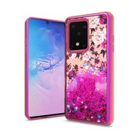 Bemz [Liquid Series] Samsung Galaxy S20, 6.2 inch Phone Case: Chrome TPU Quicksand Waterfall Glitter Cover with Atom Wipe - Hot Pink Flowers