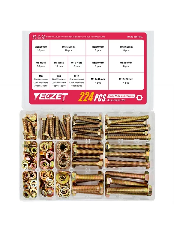 YEEZET 224PCS M6 M8 M10 Hex Screws Sets Heavy Duty Bolts and Nuts Metric Bolt Nut Flat Lock Washers Assortment Set 8.8 Grade Steel