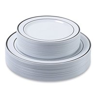 60 Pack Premium Heavy Duty Disposable Plastic Plates - (30 Dinner + 30 Salad Combo) - Silver Trim Real China Design by Aya's Cutlery Kingdom