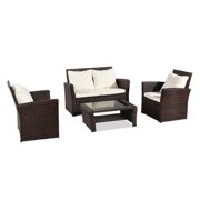 Oshion 4 PCS Outdoor Patio Rattan Wicker Furniture Set Table Sofa With Cushions