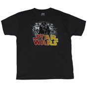 Star Wars Mens Tall T-Shirt - Darth Vader and Stormtroopers Over Word Logo