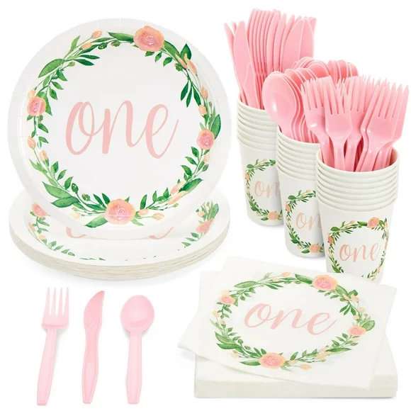 Baby Girl 1st Birthday Party Decorations, Floral One First Birthday Plates, Napkins, Cups, Pink Cutlery, 144 Pieces, Serves 24