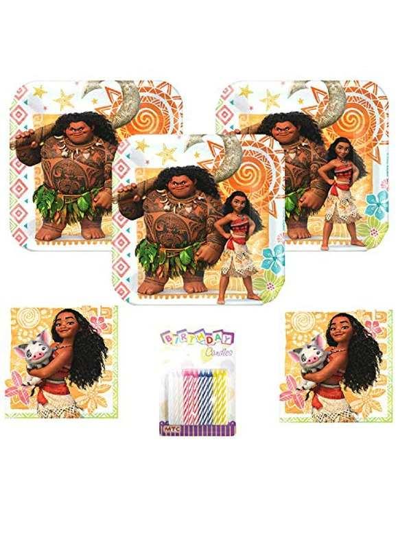 Moana Maui Party Supplies Party Supplies Pack Serves 16: 7" Plates and Beverage Napkins with Birthday Candles (Bundle for 16)