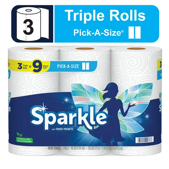 Sparkle Pick-A-Size Paper Towels, White, 3 Triple Rolls