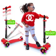 Hurtle HUFSP98 - ScootKid 4-Wheel Kids Scooter - Child & Toddler Toy Scooter with Built-in LED Wheel Lights, Portable Folding Style (Ages 5-12 Years)