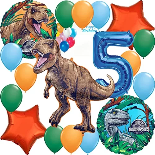 Amscan Jurassic World Birthday Party Supplies Decorations Big Balloon Bundle with Character Mylar's, Star Mylar's, Big Number 5 and Latex Balloons (18 Items)