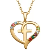 Personalized Sterling Silver or Gold over Sterling Family Heart and Cross Birthstone Pendant