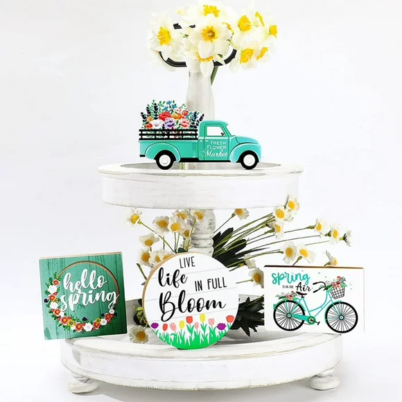 4 Pieces Hello Spring Happy Easter Tiered Tray Decorations Farmhouse Mini Wood Decor Kitchen Decor Tiered Tray Decor Fresh Flower Home 3D Signs for Easter Spring Party Tier Tray Decor (Car Style)
