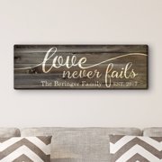 A Family's Love Never Fails 6" x 18" or 9" x 27" Personalized Canvas