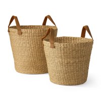 MoDRN Naturals Floppy Seagrass Basket with Leather Handles, Round Tapered, Set of 2