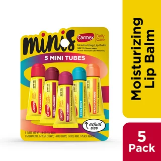 Carmex Daily Care Minis Moisturizing Lip Balm Tubes with SPF 15, Strawberry, Cool Mint, Wild Berry, Peach Mango and Fresh Cherry, 0.18 oz, 5 Count