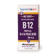 Superior Source No Shot Methylcobalamin Vitamin B12 5000 mcg /B6 2 mg/Folic Acid 800 mcg , MicroLingual Tablets, 60 Count