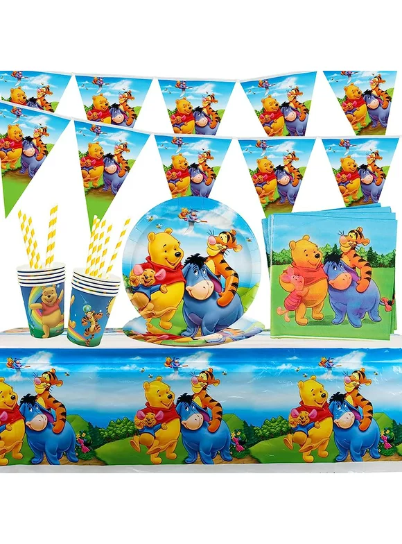 Winnie the pooh birthday party toddler honey bear decor, plates, tablecloth, napkin, flag banner