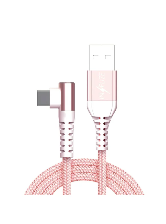 INFUZE USB Cable for Google Pixel 7 (90 Degree Angle Heavy Duty Nylon Rope Type- C USB-C to USB-A Charger Cable) - 6.5 Feet - Rose Gold