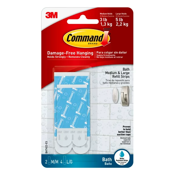 Command Water Resistant Refill Strips, White and Blue, 2 Medium and 4 Large Strips/Pack