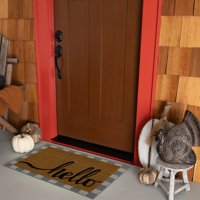 Mohawk Home Hello Coir Doormat, 18" x 30" & Gray Harris Plaid Accent Rug, 24" x 36", Layered Set