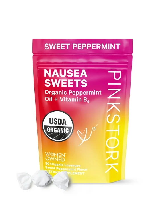 Pink Stork Nausea Sweets: Nausea Relief + Morning Sickness Relief for Pregnancy, Vitamin B6 + Peppermint, 30 Lozenges