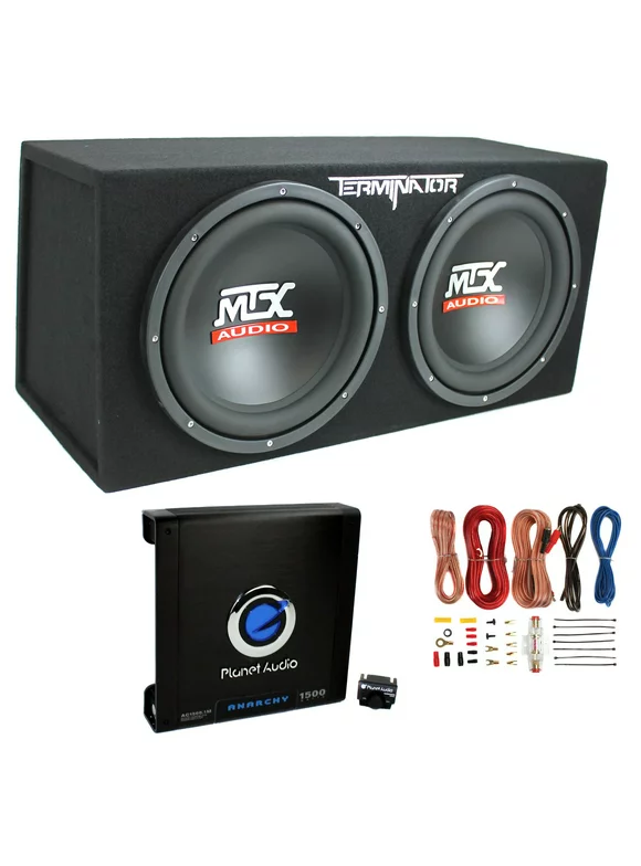 MTX TNE212D 12" 1200W Dual Loaded Car Subwoofers + Box + Planet 1500W Amp + Kit